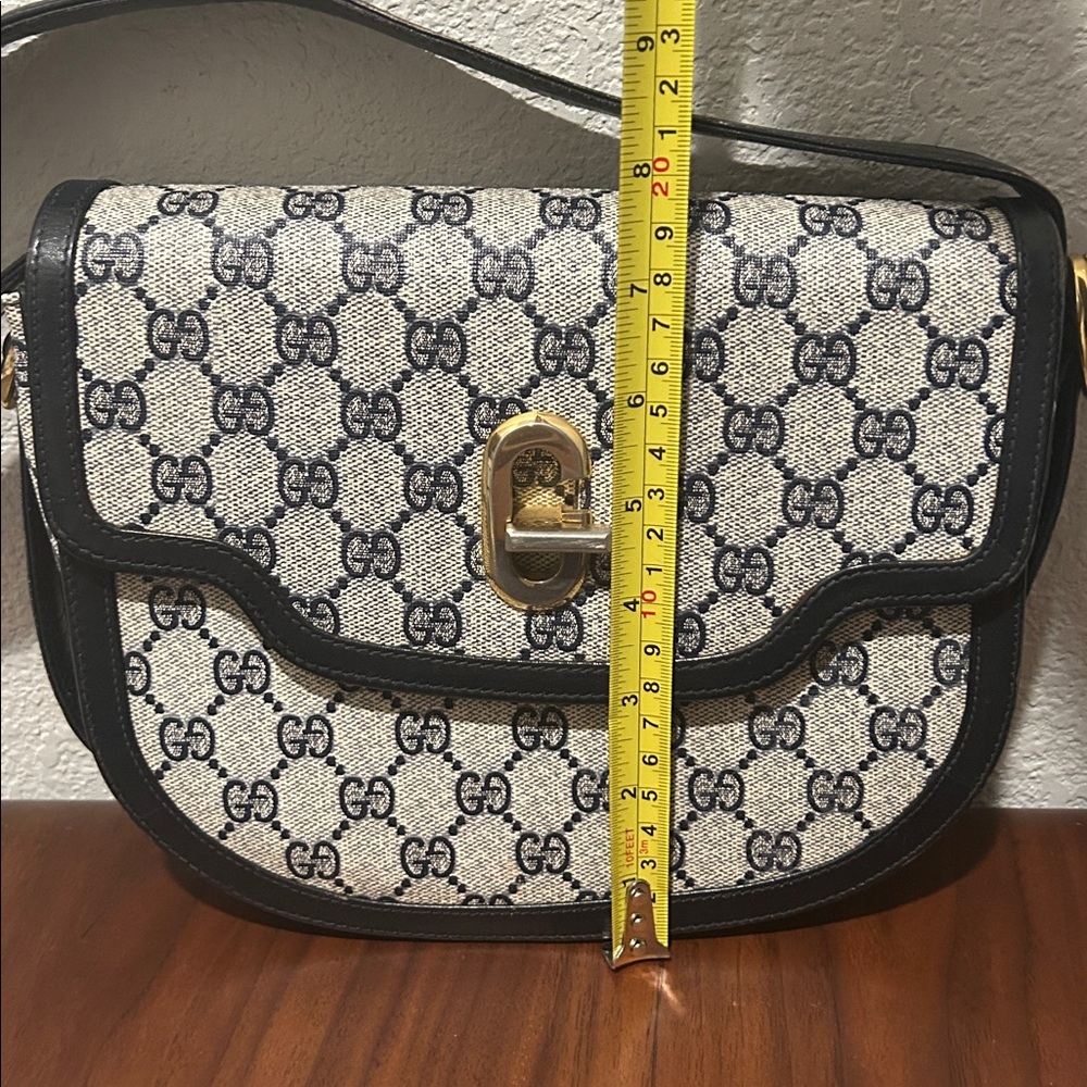Gucci Navy GG Monogram Shoulder Bag with Leather Trim with COA and Dustbag - Picture 13 of 13